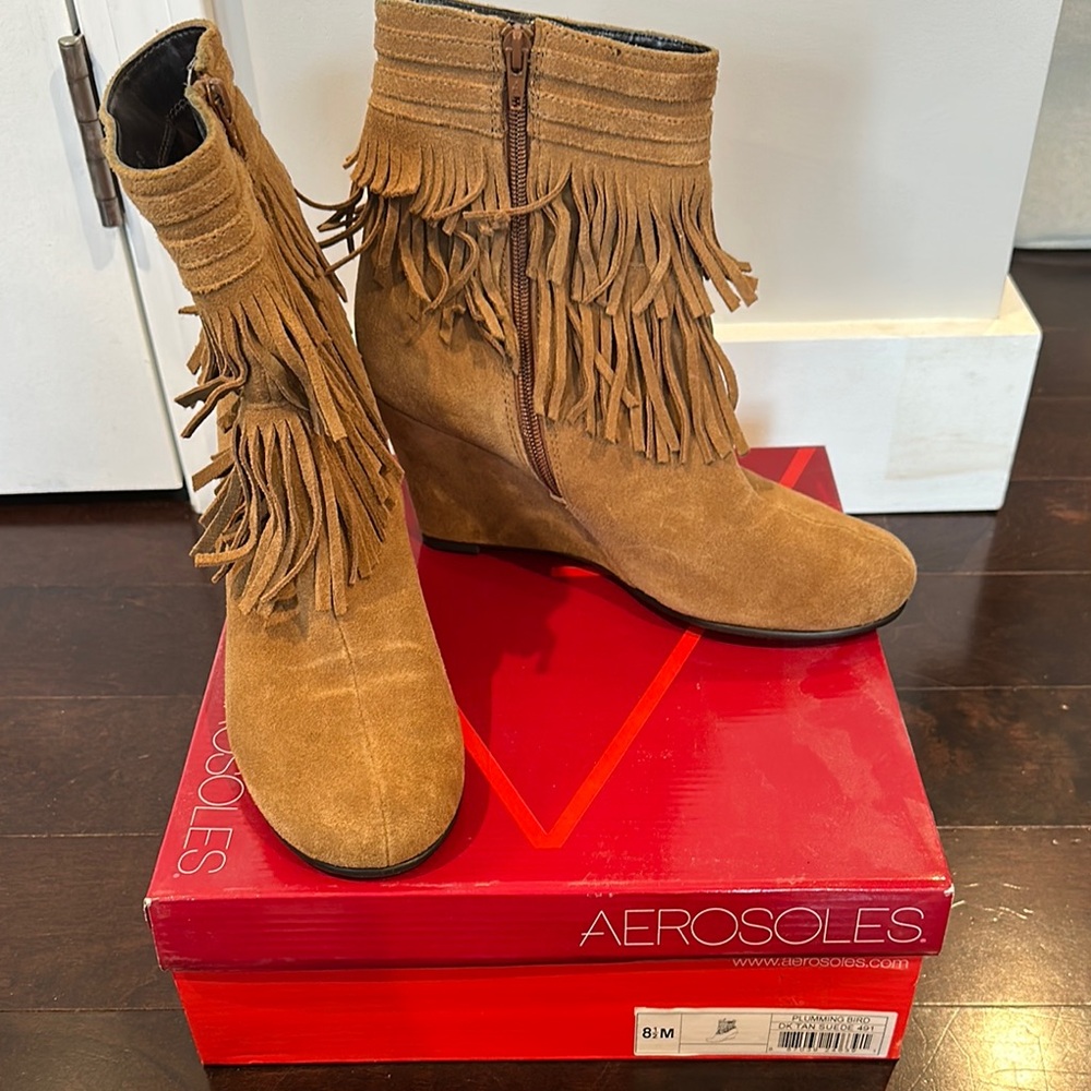 AEROSOLES Tan Fringe Wedge Shoes